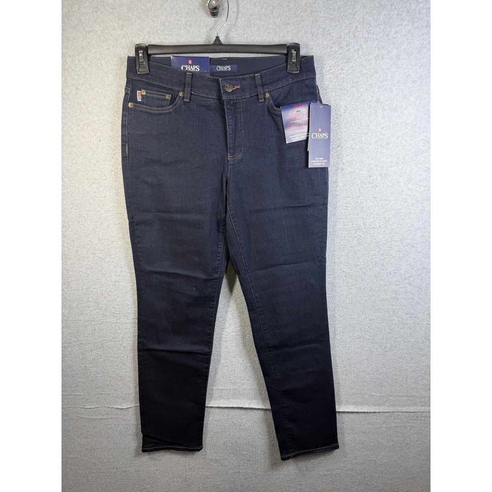 Chaps Jeans Womens 10 Indigo Blue Dark Wash Mid Rise Slim Straight Stretch Denim